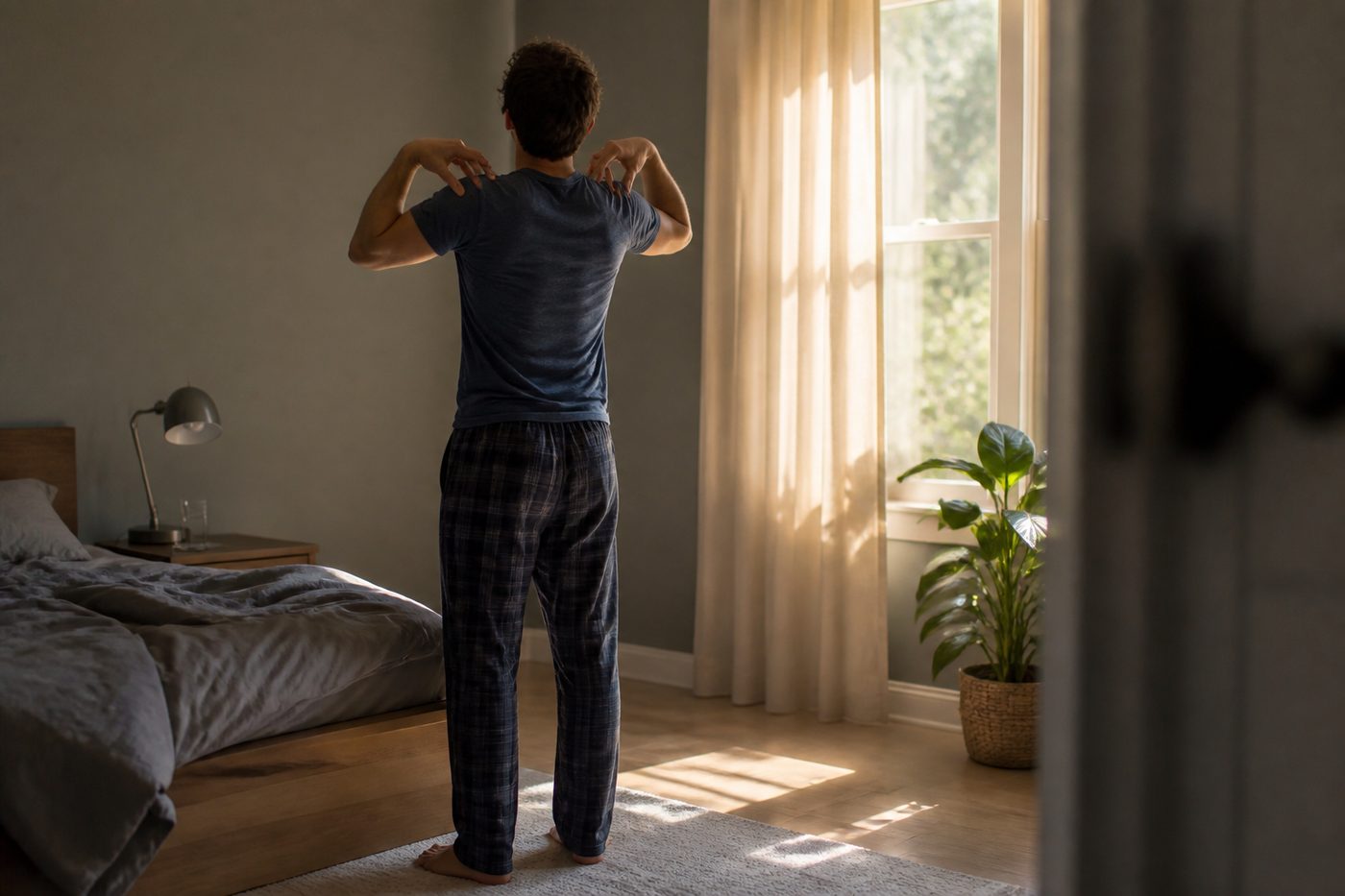 Early morning light across a floor as someone rolls their shoulders.