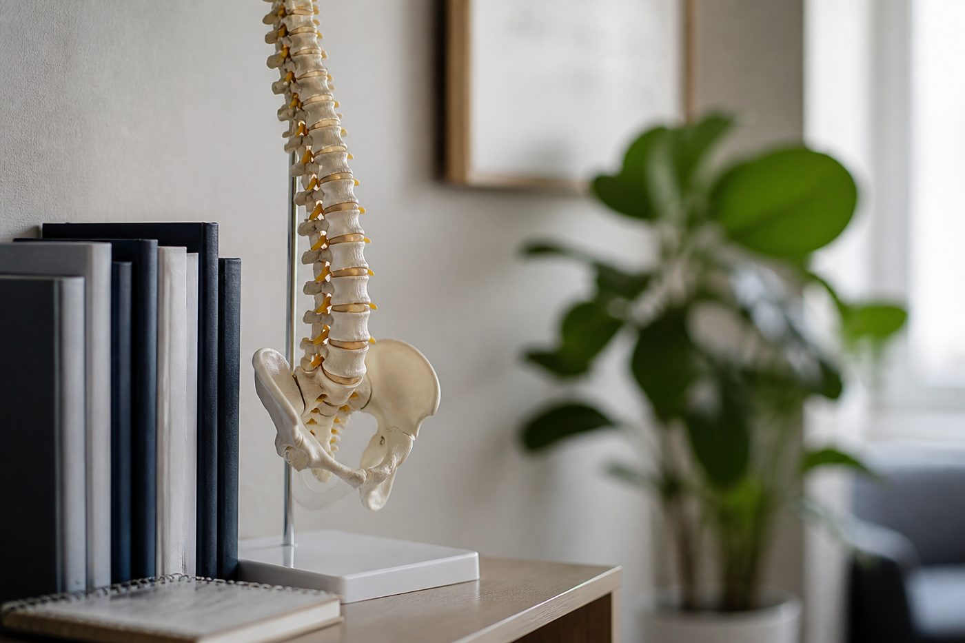 A shelf of reference books and a model of a spine in a quiet study corner.