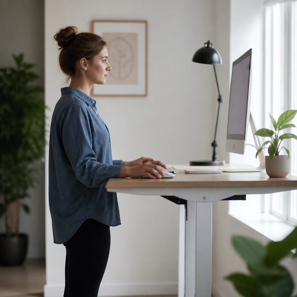 A standing desk seen from the side.