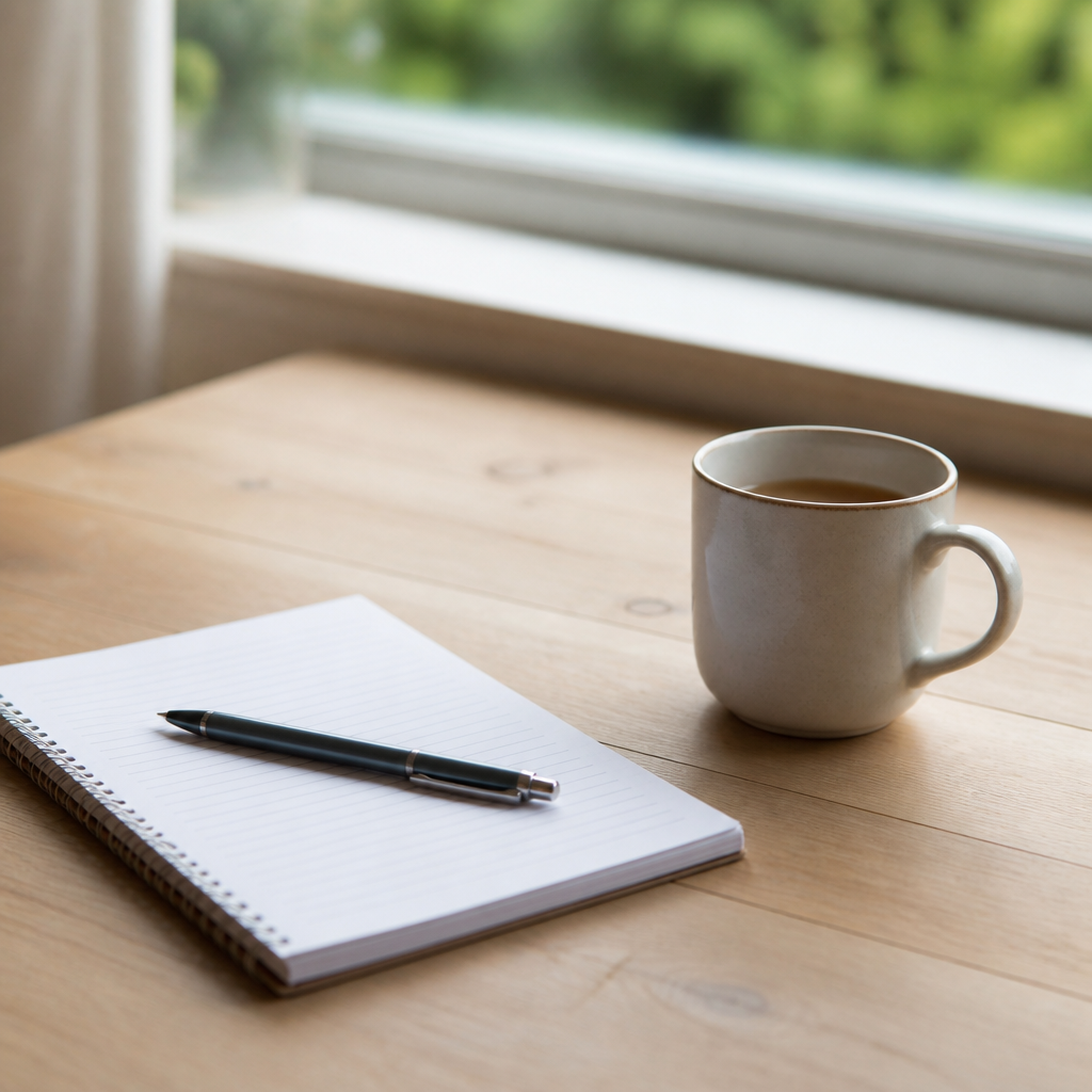 A notebook, a pen and a mug of tea on a plain wooden desk beside a window.
