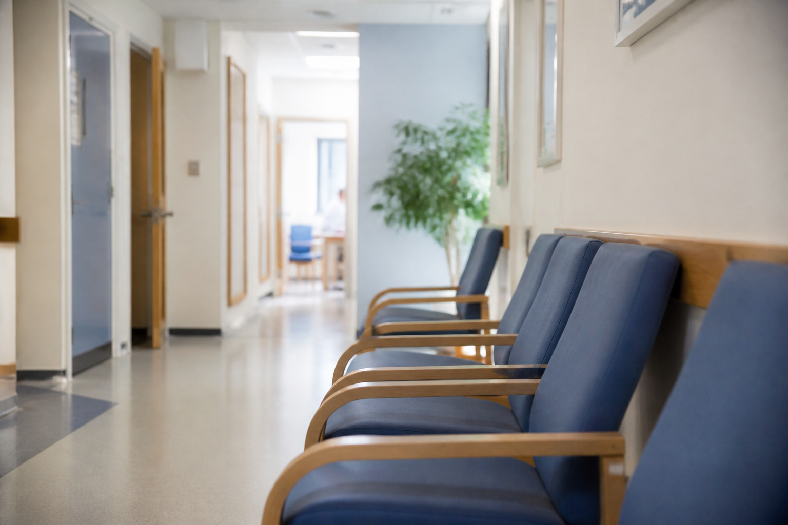 A bright corridor in a UK general practice with a row of empty waiting chairs.