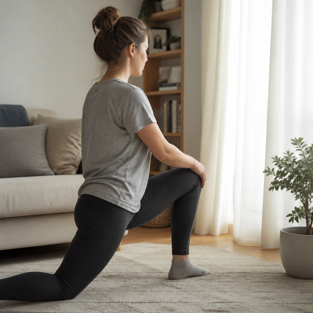 Someone in a half kneeling lunge on a rug beside a sofa, easing their hips forward.