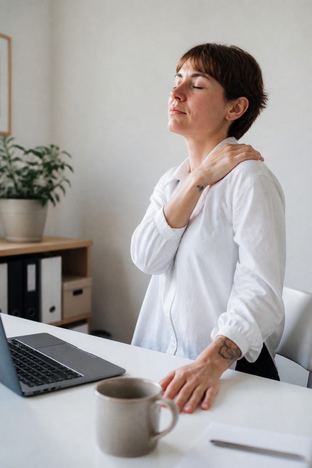 Shoulder rolls being done at a desk.
