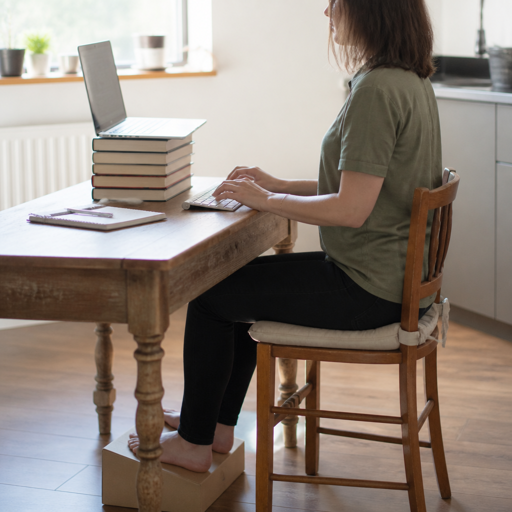 A laptop raised on a stack of books at a kitchen table, with a separate keyboard and a box under the chair for the feet.