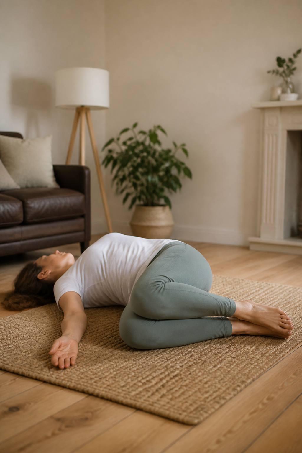 Someone lying on a rug with knees bent, rolling both knees slowly to one side.