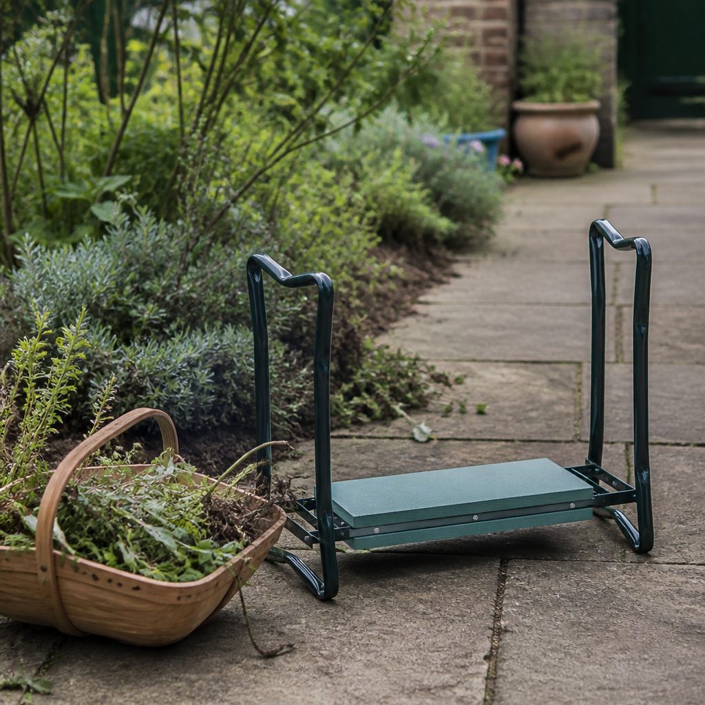 A kneeler pad beside a border being weeded.