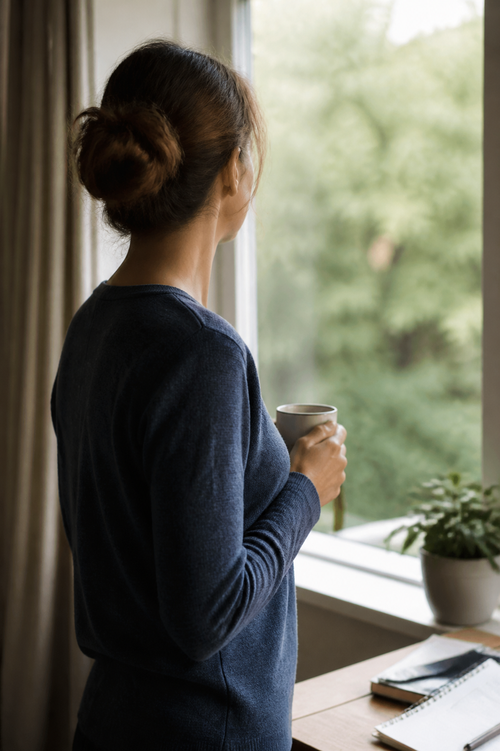 A person standing at a window with a mug of tea, shoulders dropped, taking a pause from work.