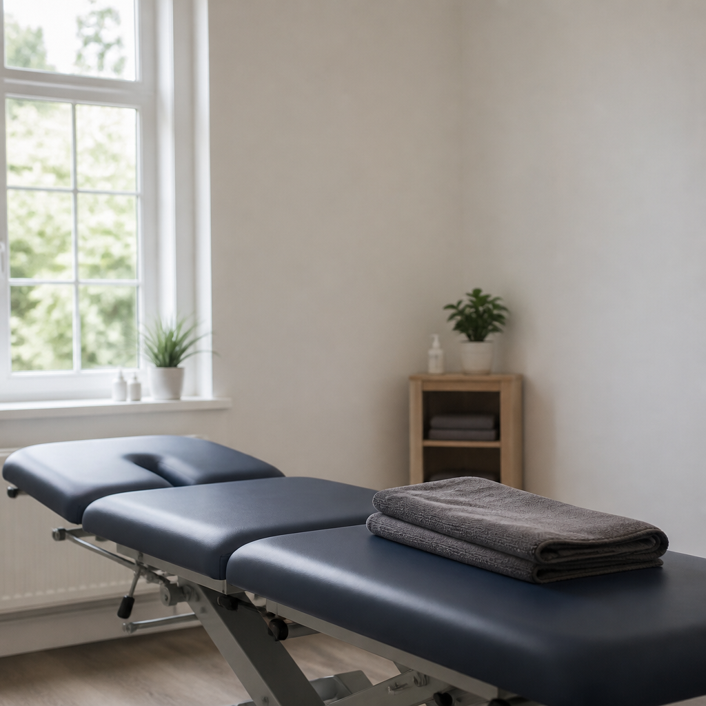 An empty treatment couch in a plain consulting room with a window and a folded towel.